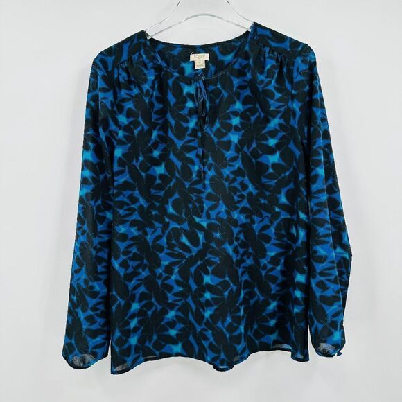J. Crew Sz Medium Blue & Black Printed Tie Neck Long Sleeve Sheer Popover Blouse - Picture 1 of 7